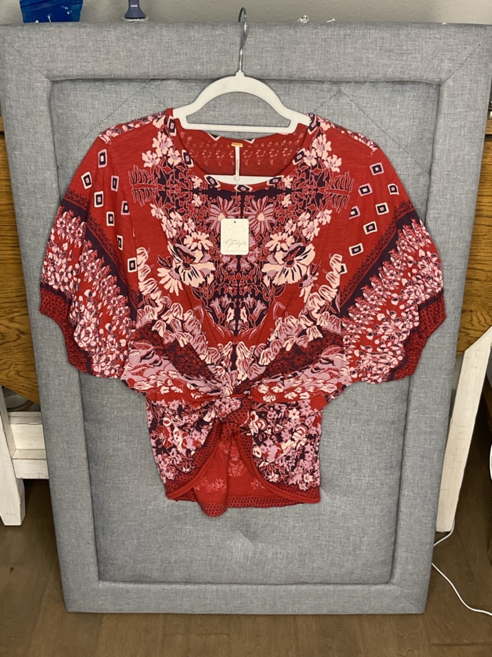 Free People Red Floral Boho Tunic Knot Top Small - Picture 6 of 12